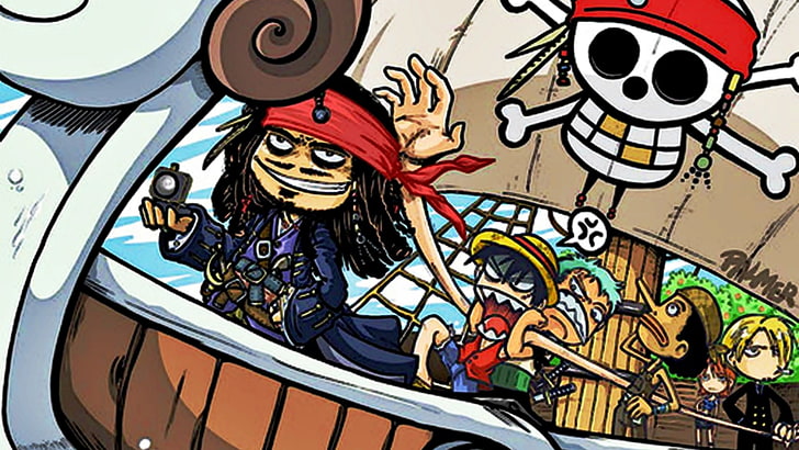 One Piece wallpaper, One Piece, crossover, Monkey D. Luffy, Roronoa Zoro, Usopp, Sanji, Nami, Jack Sparrow, HD wallpaper