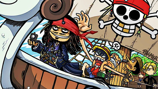 Тапет One Piece, One Piece, кросоувър, Monkey D. Luffy, Roronoa Zoro, Usopp, Sanji, Nami, Jack Sparrow, HD тапет HD wallpaper