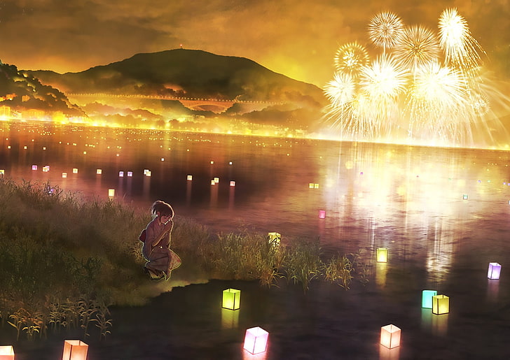 Anime, Original, Feuerwerk, Mädchen, Laterne, Nacht, HD-Hintergrundbild