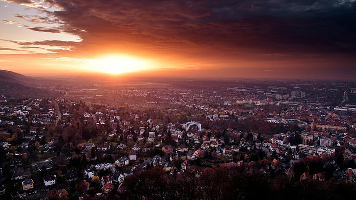 stadtbild, sonnenuntergang, vogelperspektive, himmel, wolken, sonnenlicht, turmberg, deutschland, baden-württemberg, HD-Hintergrundbild
