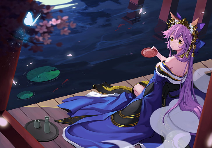 caster, fate extra, lake, night, butterfly, long hair, scenic, Anime, HD wallpaper