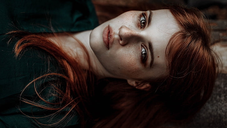 portrait, face, women, model, redhead, lying on back, HD wallpaper