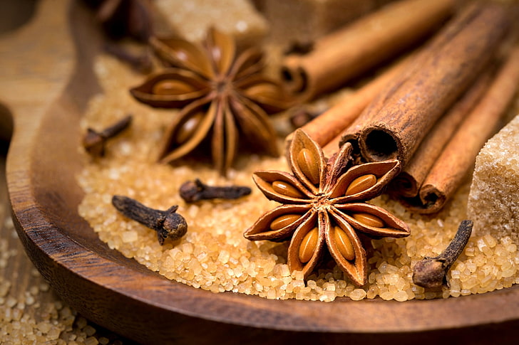 cinnamon stick, sticks, sugar, cinnamon, carnation, bowl, spices, star anise, Anis, star, HD wallpaper
