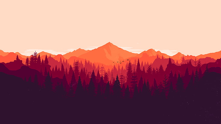 silhouette of trees, forest, Firewatch, minimalism, orange, red, pine trees, HD wallpaper