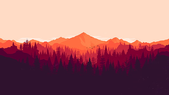 оранжево, червено, гора, минимализъм, Firewatch, борови дървета, HD тапет HD wallpaper
