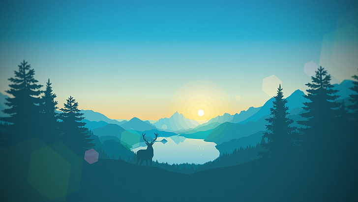 ilustração entre montanhas do lago, veado, árvores, lago, montanhas, trabalho artístico, arte digital, relógio de fogo, HD papel de parede