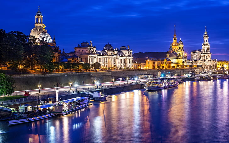 City of Dresden, dresden, river, landscape, boats, lights, HD wallpaper