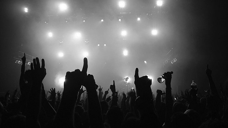 sylwetka rąk, podium, koncerty, światła, podniesione ręce, Tapety HD