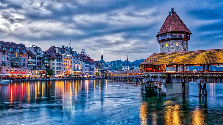 bridge, home, the evening, Switzerland, water, evening, houses, Covered bridge in Lucerne, HD wallpaper