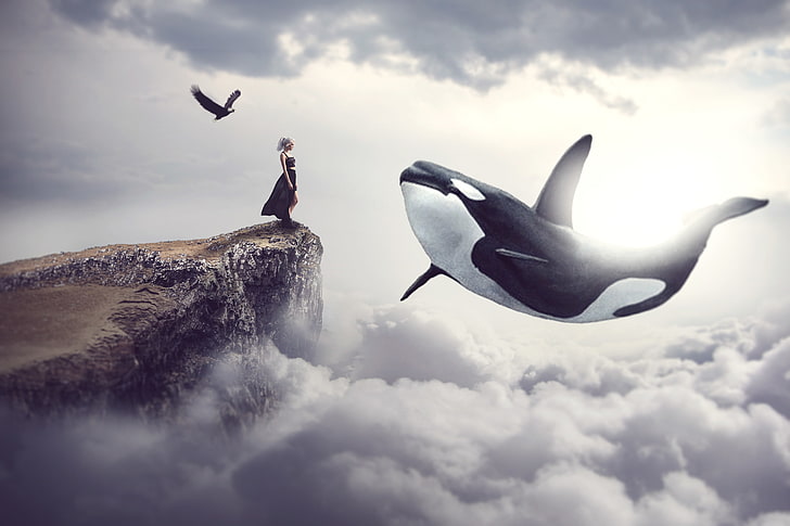 Whale, Clouds, Woman, Dream, HD wallpaper