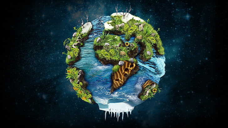 иллюстрация планеты Земля, обои 3D artwork of earth, земля, фэнтези-арт, море, растения, планета, произведение искусства, природа, лед, цветы, HD обои