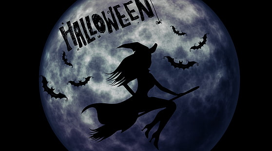 Halloweenowa czarownica na miotle, święta, Halloween, księżyc, noc, latanie, czarownica, nietoperze, miotła, surrealistyczne, dziwne, atmosfera, Tapety HD HD wallpaper