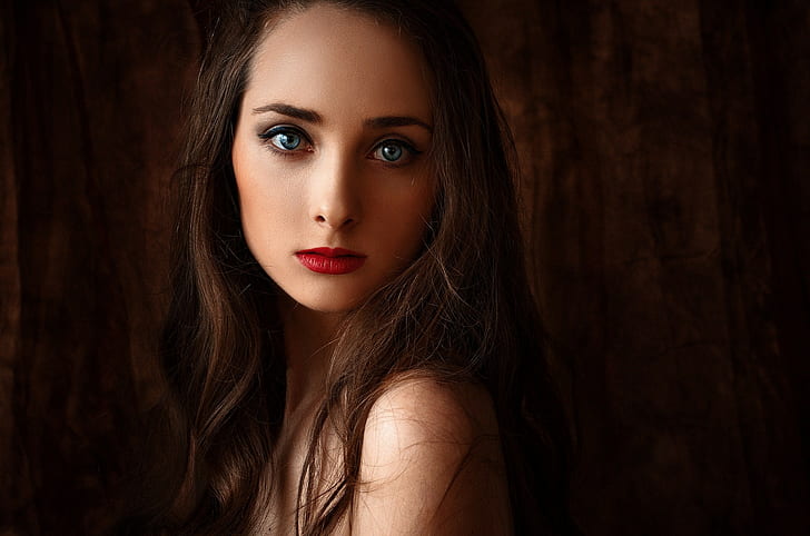 wanita, wajah, potret, latar belakang sederhana, mata biru, Wallpaper HD