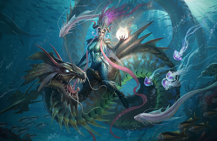woman riding wyrm digital wallpaper, girl, fish, magic, dragon, ball, art, jellyfish, spear, sphere, underwater world, top, Li Or, HD wallpaper