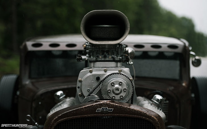 gray and black supercharger, car, Chevrolet, Rat Rod, old car, engines, HD wallpaper