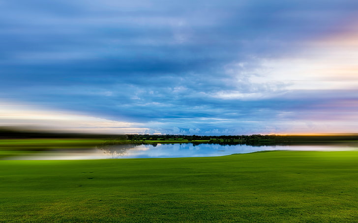 Dreamy green prairie river clouds landscape, HD wallpaper