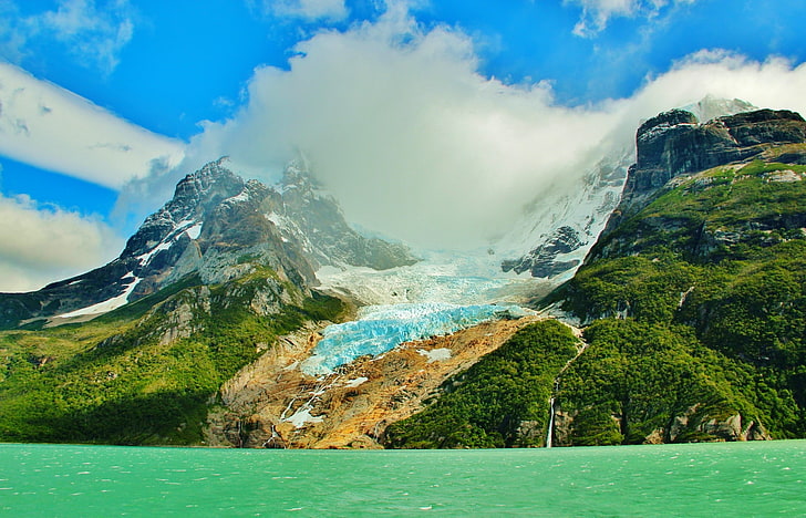 пейзажна фотография на планини и водоем, езеро, ледници, планини, Чили, гора, скала, снежен връх, Патагония, лед, лято, природа, пейзаж, HD тапет