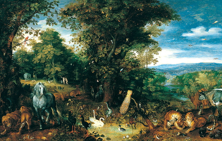 målning av träd, djur, paradis, bild, mytologi, Jan Brueghel den äldre, Edens trädgård, HD tapet