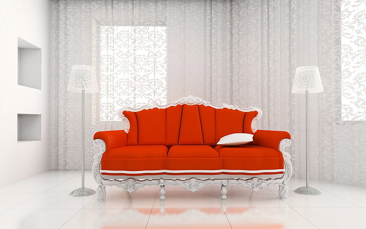 sofá vermelho e branco de 3 lugares, sofá, estilo, sala, luz, interior, HD papel de parede