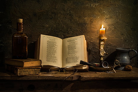 очки в черной оправе, свеча, трубка, очки, книга, поэзия, HD обои HD wallpaper