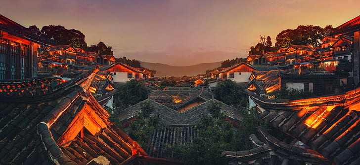 Villes, Lijiang, Chine, Nuit, Toit, Village, Yunnan, Fond d'écran HD