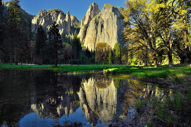 brown rock mountain vid havet under soluppgång, cathedral rocks, cathedral rocks, Reflections, Cathedral Rocks, rock mountain, seaside, Sunrise, Blue Skies, Capture, NX2, Edited, Chimney, Vista, Central, Yosemite, Sierra, Color, Pro Day, Dag 4, Evergreens, Glas, Högre, Cathedral Spires, Hillside, Trees, Lake, Water, Landscape, SW, Lower, Middle, Mountains, Distance, Nature, Nikon D800E, Pacific Ranges, Pond, Portfolio, Sierra Nevada, Gully, Trip , Paso Robles, Window, Yosemite National Park, Yosemite Valley, USA, HD tapet