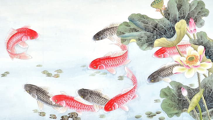 中国画、鯉、蓮の花、池、 HDデスクトップの壁紙