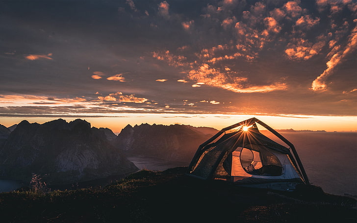black and white dome ten, tent, camping, mountains, landscape, sunset, photography, sun rays, HD wallpaper