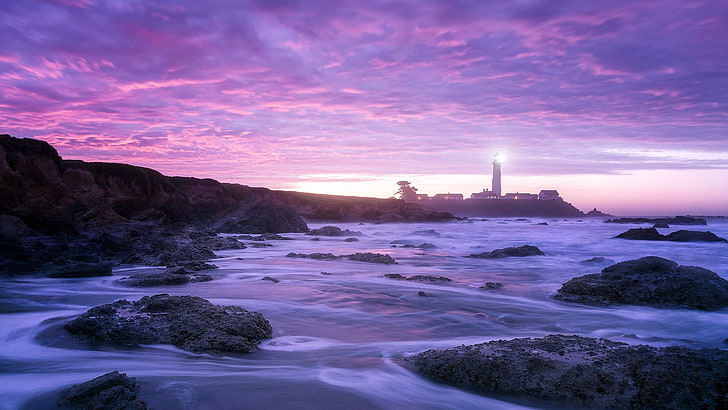 Пескадеро, фиолетовый, розовый, море, маяк, ночь, скалы, облака, небо, HD обои