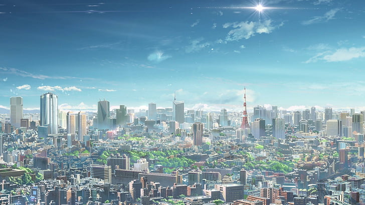 Anime, Your Name., Kimi No Na Wa., Céu, Horizonte, Sol, Tóquio, Tokyo Tower, HD papel de parede