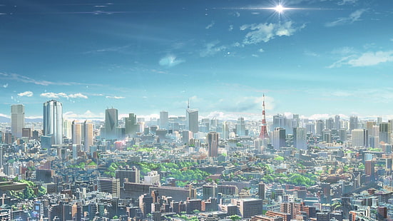 Аниме, Твое имя., Кими Но На Ва., Небо, Скайлайн, Солнце, Токио, Токийская башня, HD обои HD wallpaper