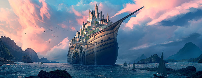 Fantazja, statek, miasto, chmura, Tapety HD HD wallpaper