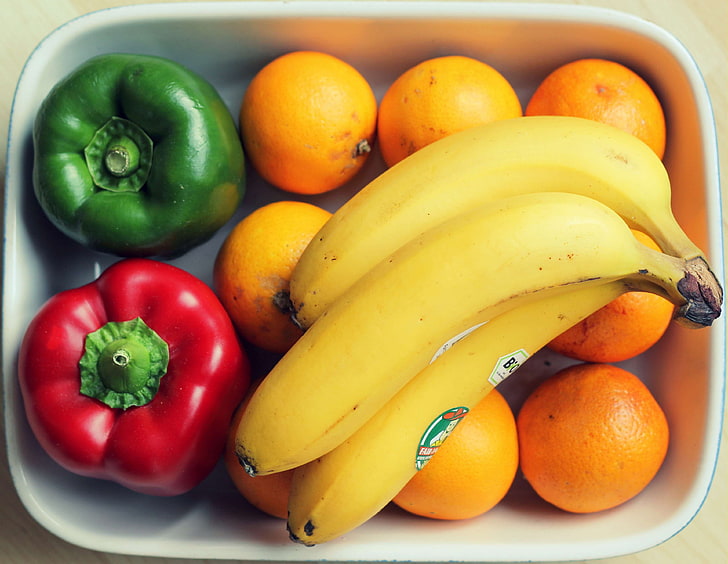 bananas, bowl, diet, food, fruits, healthy, oranges, red pepper, vegetables, HD wallpaper