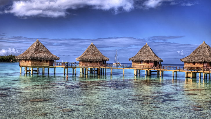 quatre chalets bruns, nature, paysage, resort, Polynésie française, bungalow, mer, plage, atolls, île, tropical, été, Fond d'écran HD