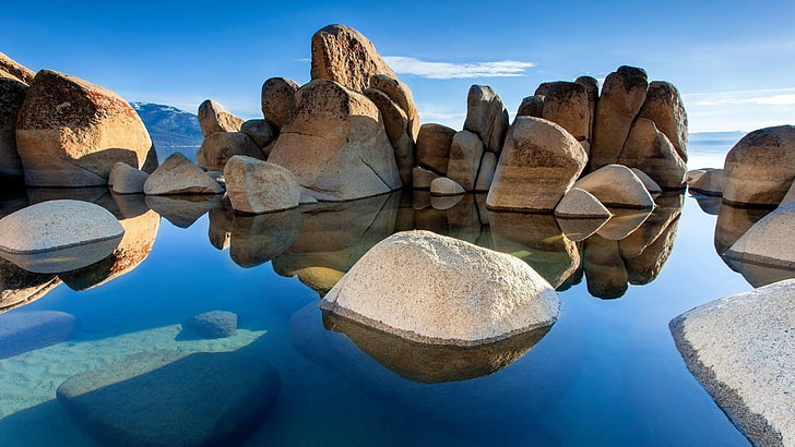 rock, reflection, water, sky, formation, geology, landscape, boulder, stony, rock formation, beach, HD wallpaper