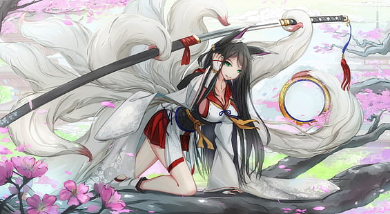 personajes originales, zorro, kitsunemimi, katana, espada, flor de cerezo, Fondo de pantalla HD HD wallpaper