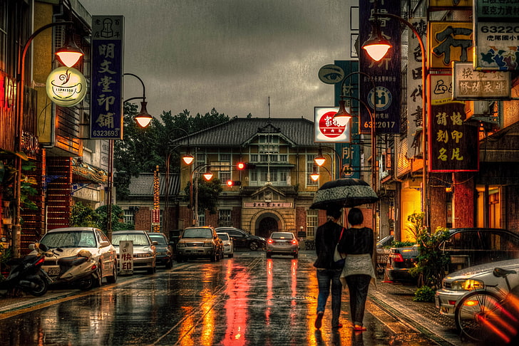 bike, girls, motorcycles, street, umbrella, Taiwan, cars, stores, life, lamppost, restaurants, rainy, Yunlin, HD wallpaper