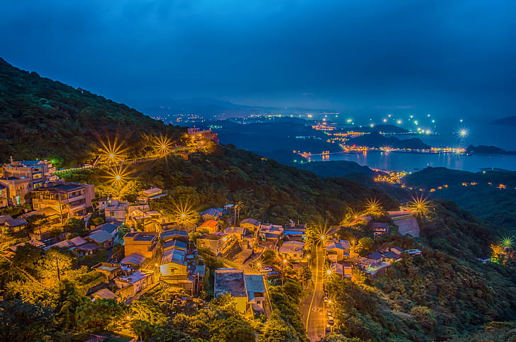 aerial view of houses surrounded by green trees, Jiufen, aerial view, houses, green, trees, A77, SONY, Sigma, f/2.8, Taiwan, Taipei, 台北, 台灣, 九份, night view, night, dusk, cityscape, sunset, sea, town, mountain, architecture, famous Place, HD wallpaper