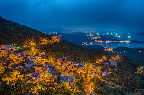 aerial view of houses surrounded by green trees, Jiufen, aerial view, houses, green, trees, A77, SONY, Sigma, f/2.8, Taiwan, Taipei, 台北, 台灣, 九份, night view, night, dusk, cityscape, sunset, sea, town, mountain, architecture, famous Place, HD wallpaper HD wallpaper