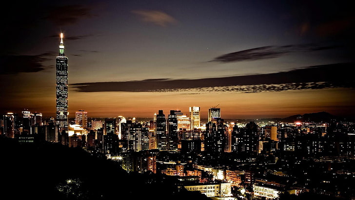 도시, 고층 건물, 타이페이 101, 타이페이, 대만, 밤, 도시 불빛, 아시아, 마천루, HD 배경 화면