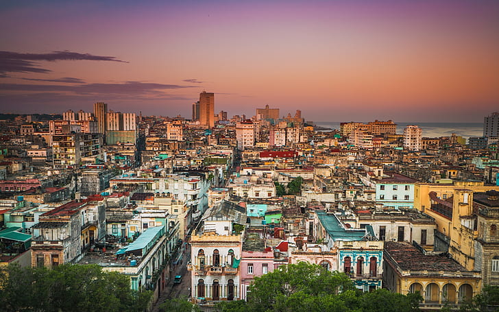 La Havane, Cuba, lever du soleil, rue, La Havane, Cuba, nuages, lever du soleil, bâtiment, toit, accueil, ciel, mer, Fond d'écran HD