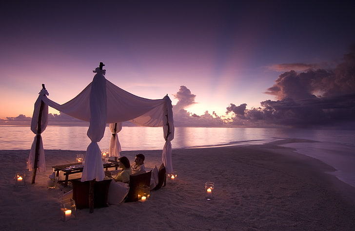white canopy, sea, mood, the evening, candles, two, HD wallpaper