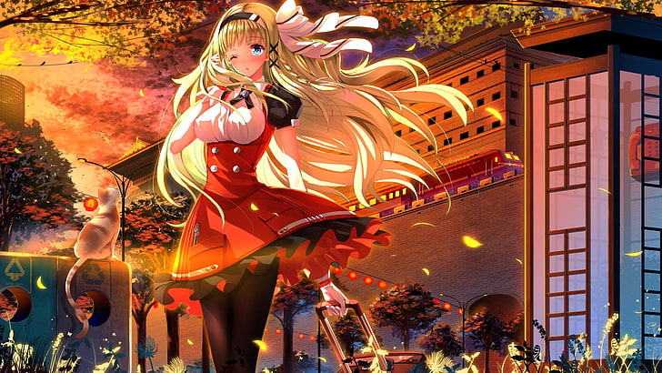 Anime Mädchen, lange Haare, Schuluniform, Strumpfhosen, HD-Hintergrundbild