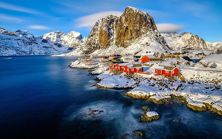 Зимний пейзаж Норвегии Лофотенские острова под снежным покровом Обои для рабочего стола Фоны Скачать бесплатно 1920 × 1200, HD обои