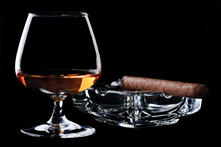 clear wine glass, cigar, cognac, Estet, HD wallpaper