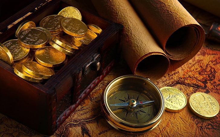 kompas w kolorze złota, kompas, mapa, złoto, monety, Tapety HD