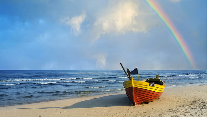 Arco-íris sobre barco a remos na praia, praia, arco-íris, barco a remo, natureza e paisagens, HD papel de parede