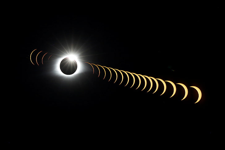 Luna, fondo negro, cielo, fotografía, sol, rayos de sol, eclipse, eclipse solar, collage, Fondo de pantalla HD