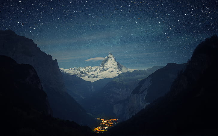 berge, nacht, tal, stadt, schweiz, alpen, matterhorn, das lauterbrunnental, HD-Hintergrundbild