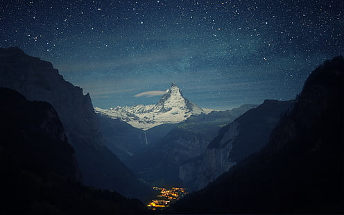 горы, ночь, долина, город, Швейцария, Альпы, Маттерхорн, долина Лаутербруннен, HD обои HD wallpaper